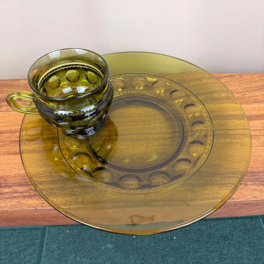 Indiana Glass Kings Crown Snack Set Olive Green Thumbprint Plate and Cup Vintage